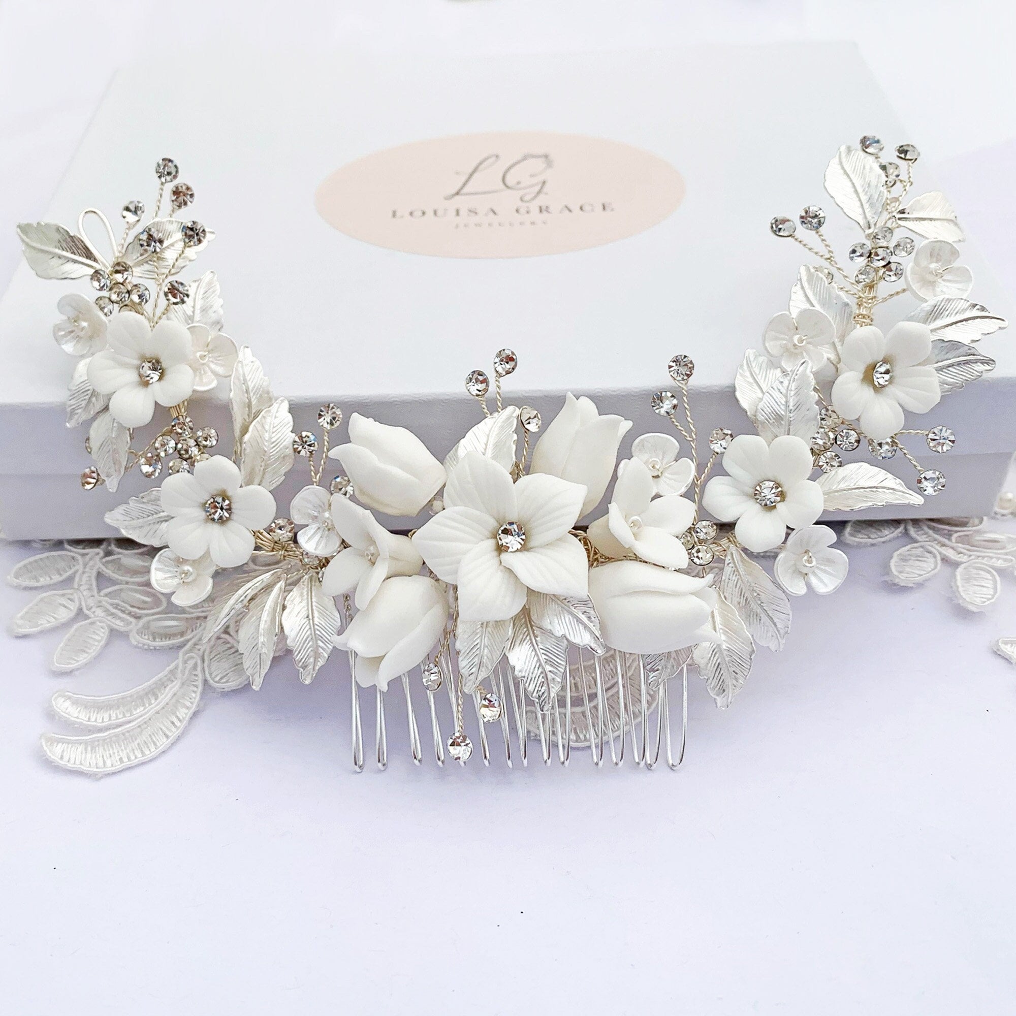 Bridal Hair Comb Silver White Flowers Crystal Leaf Large  display picture 2