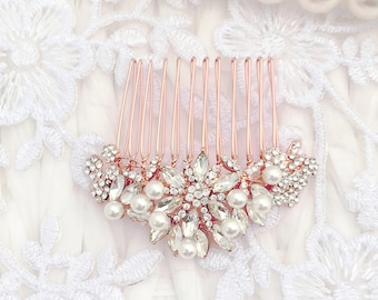 Bridal Hair Comb Rose Gold Pearl Clear Crystal Flower Blossom Gift Boxed Wedding Accessory Bride Prom Bridesmaid Boho