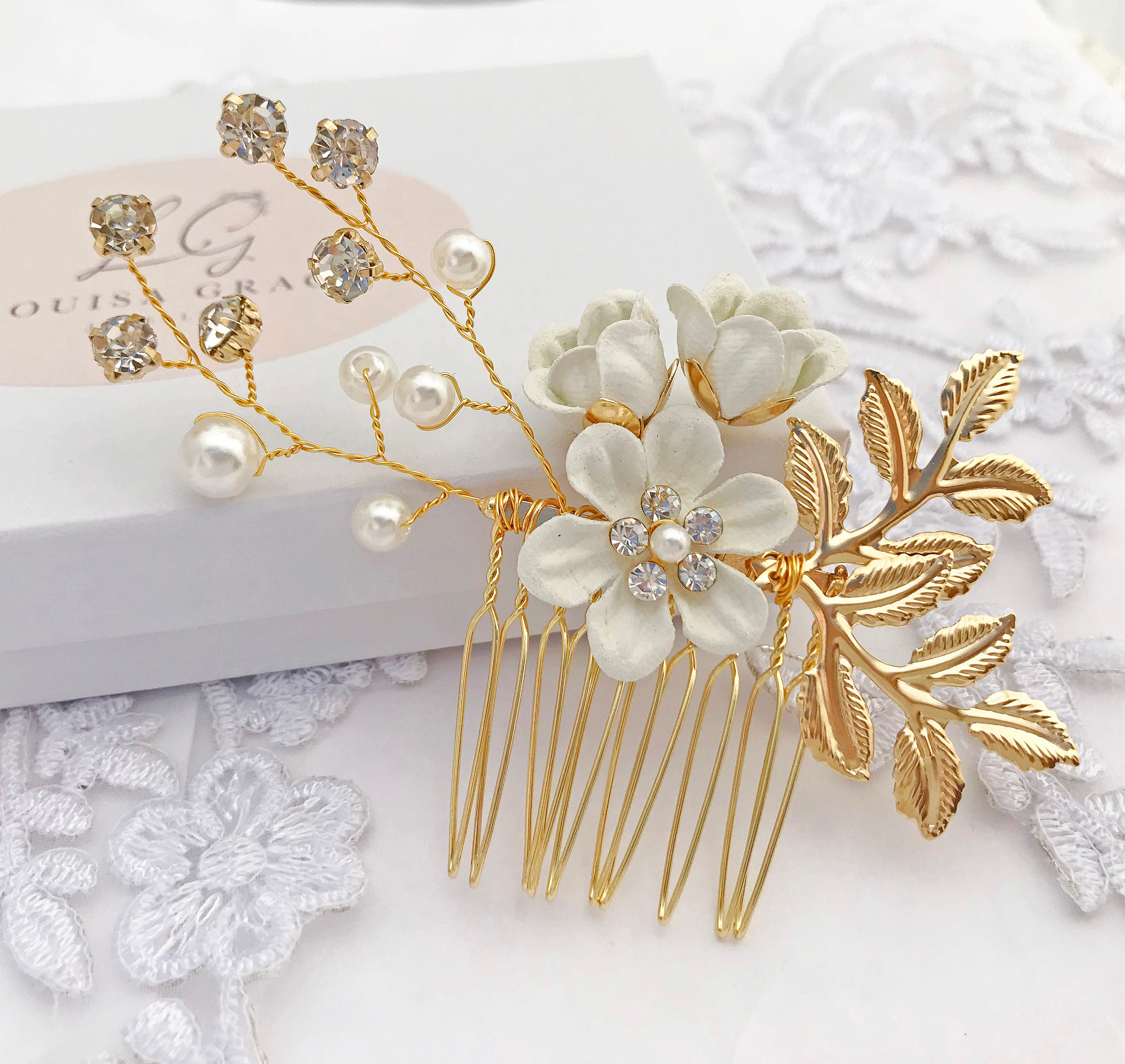 Haarkamm-Set Mit Weißen Blumen & Kristall – Gold, Handgefertigt, Für Hochzeit, Abschlussball, Party