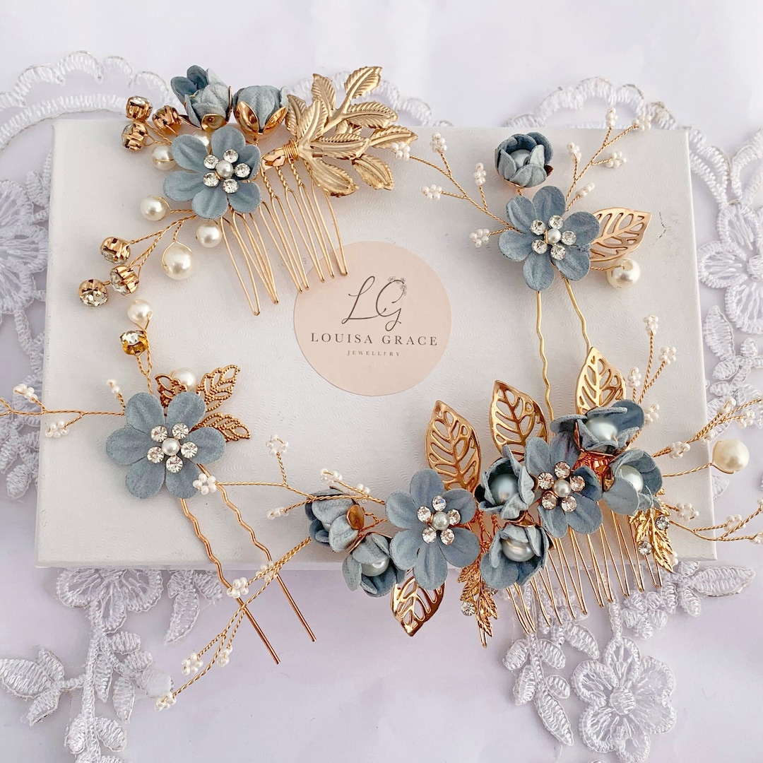 12Pcs Golden Leaf Hair Comb Set Bridal Pearl Hairpins Blue Flower Wedding Hair Bridal Blue Flower Pearl Hair Comb and Pin Set Gold Leaf  main image 2