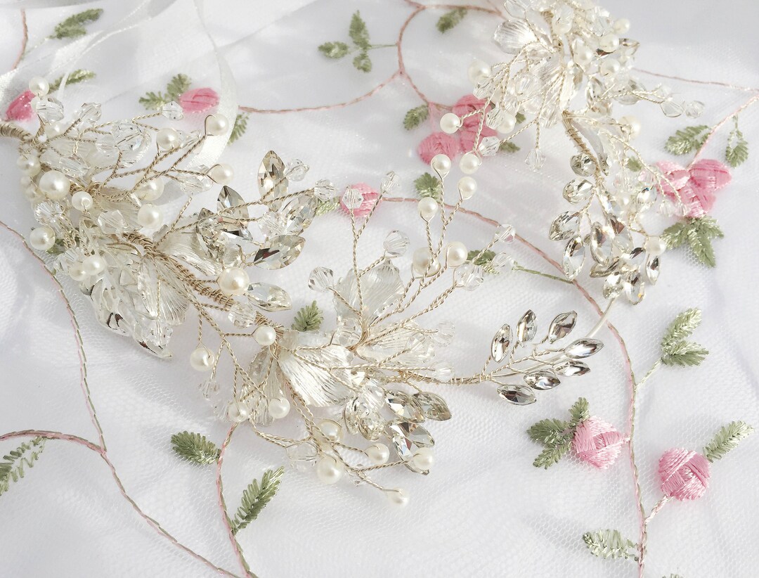 Bridal Silver Crystal Hair Vine Headband Tiara Pearl Clear  display picture 1