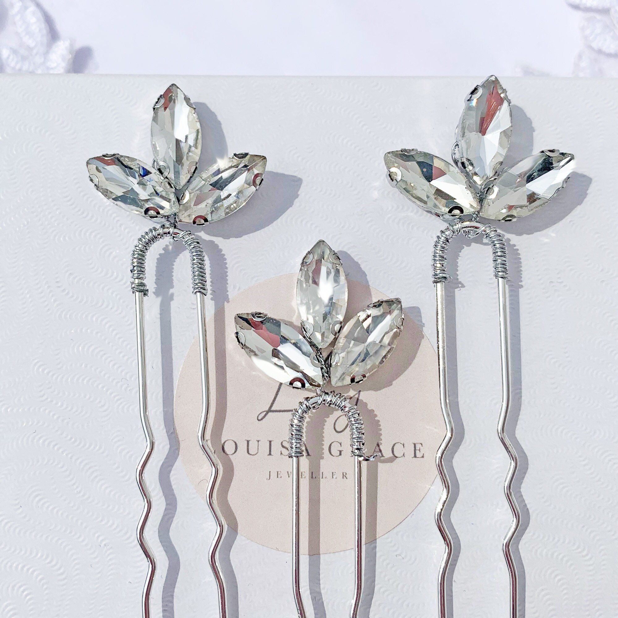 Bridal Hair Pins Set of Five Silver Leaf Crystal Tall Floral 