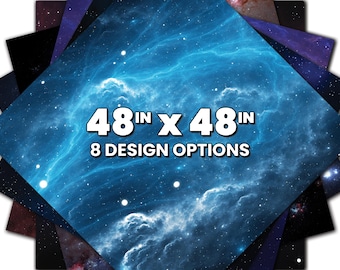 May include: A collection of square prints featuring various space and nebula themes in shades of blue, purple, and black. The central print displays a bright blue nebula with stars. Text on the image reads 48IN x 48IN and 8 DESIGN OPTIONS.