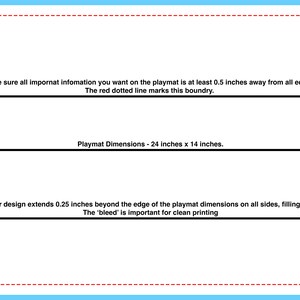 May include: Diagram showing the bleed and safe zone for a 24 by 14 inch playmat. The red dotted line shows the safe zone, which is 0.5 inches away from the edge of the playmat. The blue space is the bleed area, which extends 0.25 inches beyond the edge of the playmat.