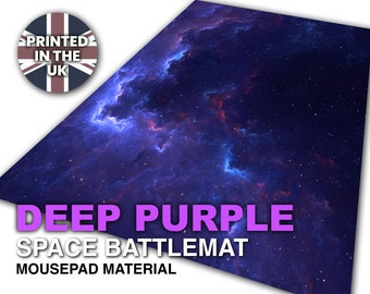 May include: Deep purple space battlemat mousepad with a nebula design. The mousepad is printed in the UK.
