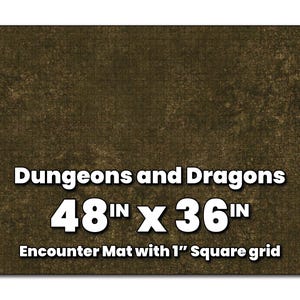 May include: A brown Dungeons and Dragons encounter mat with a 1-inch square grid. The mat measures 122 cm x 91 cm. The text "Dungeons and Dragons" and the dimensions are displayed in white.