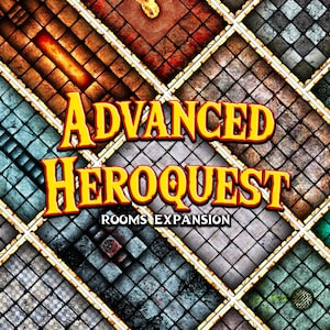 May include: A colorful game board featuring a tiled design with various textures and colors, including brown, blue, and gray. The words "ADVANCED HEROQUEST" are prominently displayed in yellow and orange, with "ROOMS EXPANSION" below.
