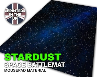May include: A black and blue space-themed gaming mat with the text "Stardust Space Battlemat Mousepad Material" printed in green.