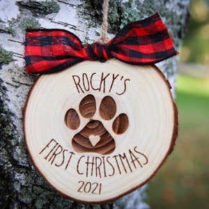 Custom New Puppy Christmas Ornament-Dogs First Christmas Ornament-dog ornament paw print engraved wood ornament red buffalo print ribbon