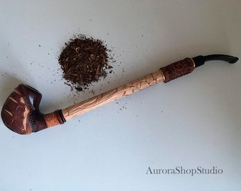 tobacco pipe Peace pipe carved wood Painted ethnic Hippie gift for men Long wooden pipe Ukrainian gift Black yellow orange Smoking pipe