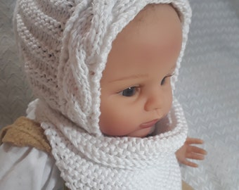 Pixie hat white, hat with scarf, winter set, newborn hat knitted set, circumference 40-42 cm, 100% cotton