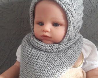 Pixie hat stone gray, dwarf hat, hat with scarf, winter set, newborn hat knitted set, size 38-40 cm, 100% cotton