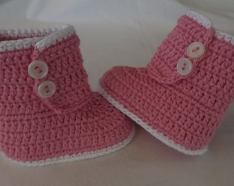 Baby schuhe, Babyboots, Babystiefel, Handarbeit, rosa/weiß  8.5-10.5 cm