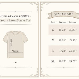 May include: A beige graphic showing a youth short sleeve tee with measurements. The text reads "BELLA+CANVAS 3001Y" and "YOUTH SHORT SLEEVE TEE". Size chart includes width and length in inches: S (15.24" x 20.87"), M (16.26" x 22.13"), L (17.24" x 23.39"), XL (18.23" x 24.37").