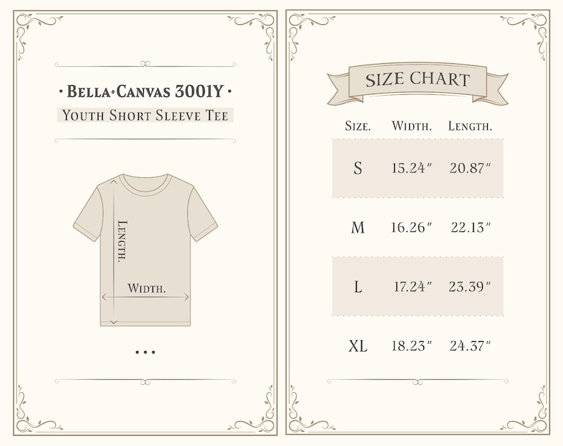 May include: A beige graphic showing a youth short sleeve tee with measurements. The text reads "BELLA+CANVAS 3001Y" and "YOUTH SHORT SLEEVE TEE". Size chart includes width and length in inches: S (15.24" x 20.87"), M (16.26" x 22.13"), L (17.24" x 23.39"), XL (18.23" x 24.37").