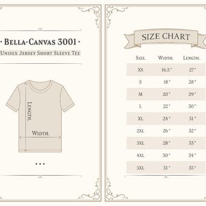 May include: A beige graphic showing a Bella Canvas 3001 Unisex Jersey Short Sleeve Tee with size chart. The chart lists sizes XS to 5XL, with corresponding width and length measurements in inches. The tee's width and length are indicated with arrows.