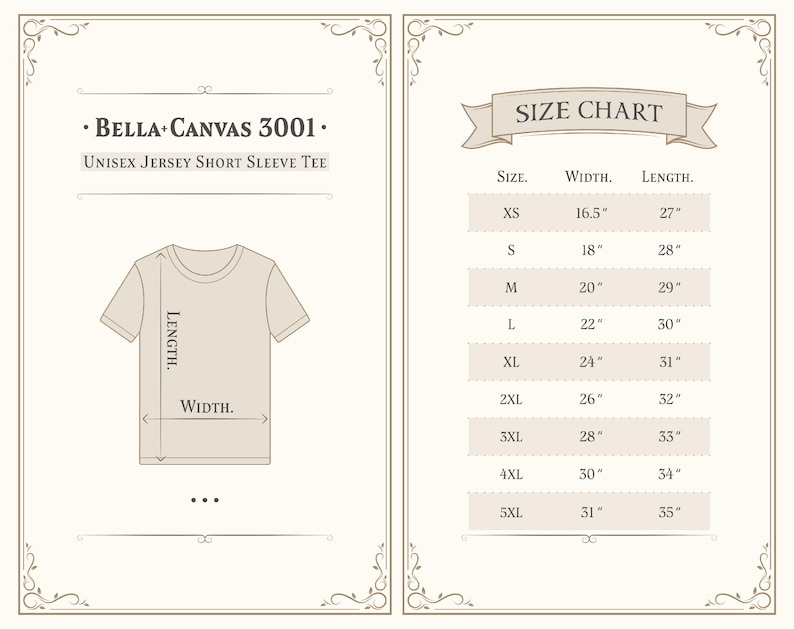 May include: A beige graphic showing a Bella Canvas 3001 Unisex Jersey Short Sleeve Tee with size chart. The chart lists sizes XS to 5XL, with corresponding width and length measurements in inches. The tee's width and length are indicated with arrows.