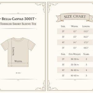 May include: A beige toddler short sleeve tee shirt with a size chart. The chart lists sizes 2T to 5T, with corresponding width and length measurements in inches, and weight in pounds. The shirt is from Bella + Canvas.