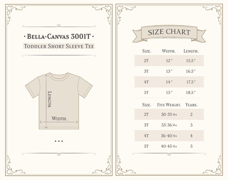 May include: A beige toddler short sleeve tee shirt with a size chart. The chart lists sizes 2T to 5T, with corresponding width and length measurements in inches, and weight in pounds. The shirt is from Bella + Canvas.