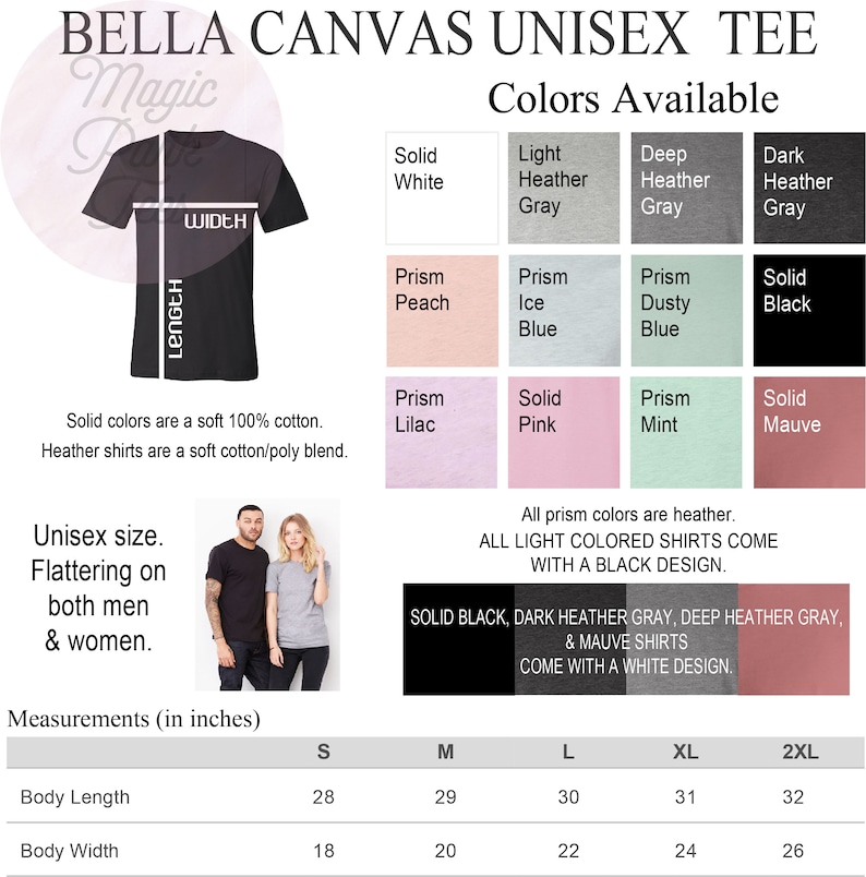 May include: Unisex Bella Canvas tee shirt size chart with measurements in inches. The chart shows the body length and body width for sizes S, M, L, XL, and 2XL. The chart also shows the available colors: solid white, light heather gray, deep heather gray, dark heather gray, prism peach, prism ice blue, prism dusty blue, solid black, prism lilac, solid pink, prism mint, and solid mauve.