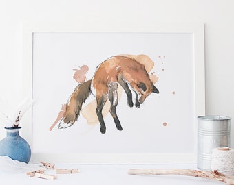 SPRINGENDER FUCHS / Kunstdruck / Giclée Druck / Aquarell-Druck / Poster / A5 / A4