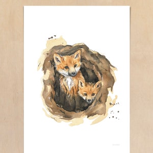 BABYFÜCHSE IN HÖHLE // Tiere des Waldes Serie // Kunstdruck  meines Origial-Aquarells