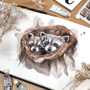 WASCHBÄREN BABYS in der Höhle // Hochwertiger Kunstdruck meines Original-Aquarells