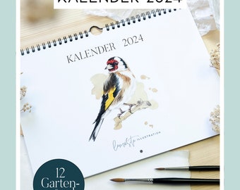 KALENDER 2024 - Vogelkalender Aquarell - deutsche Gartenvögel - Größe A4 / aufgeklappt A3