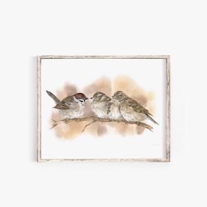 GARTENVÖGEL: SPATZENFAMILIE - Spatzen auf Ast // Aquarell Kunstdruck