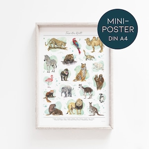 MINI POSTER - Animali del mondo - Combinazione delle mie illustrazioni ad acquerello di animali // Formato DIN A4