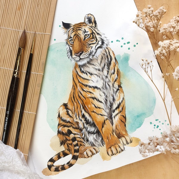 SITZENDER TIGER // Tiere der Welt-Serie // Kunstdruck  meines Origial-Aquarells