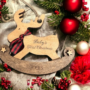 Baby’s First Christmas Ornament, Personalized Moose or Reindeer, Rocking Horse, Personalized Christmas Ornament, Custom Baby Gift, 2023