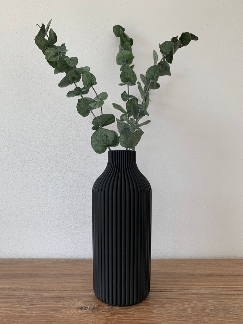 Vase Rillen / Dekovase /3D Druck / Wasserdicht / Trockenblumen / Dekoration / Verschiedene Größen und Farben Schwarz