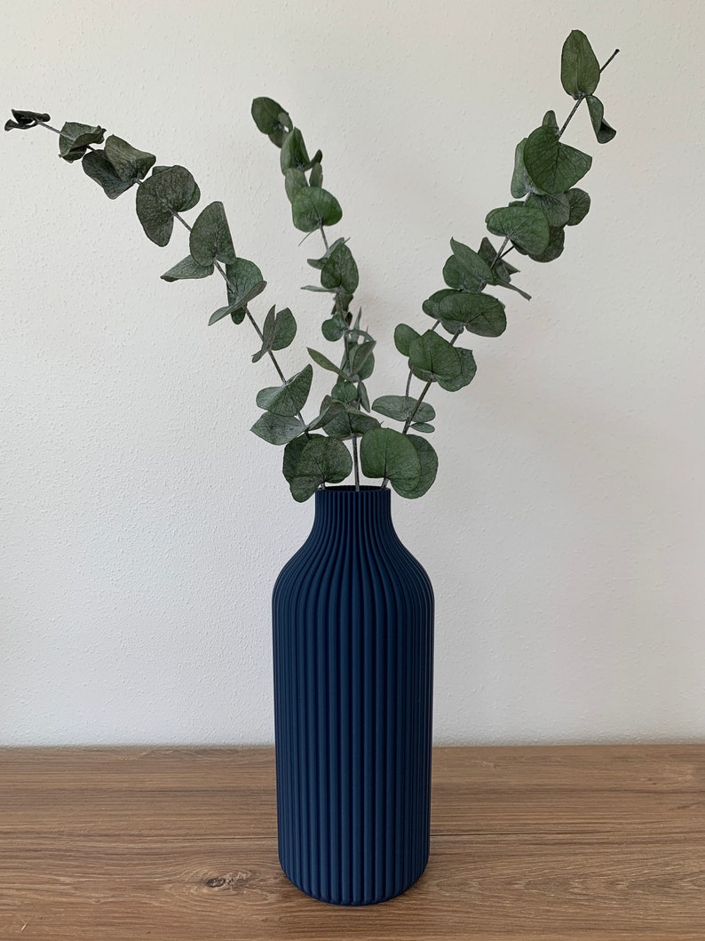 Vase Rillen / Dekovase /3D Druck / Wasserdicht / Trockenblumen / Dekoration / Verschiedene Größen und Farben Dunkelblau