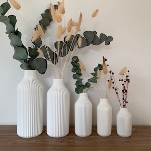 Könnte beinhalten: Fünf weiße Keramikvasen mit geripptem Design, in einer Reihe vom größten zum kleinsten angeordnet. Die Vasen sind mit Trockenblumen und Grün gefüllt.
