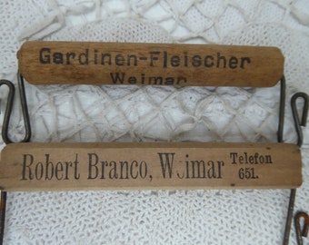 2 vintage Taschenhenkel, Holz, Werbeaufdruck