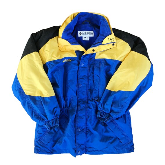 blue and yellow columbia jacket