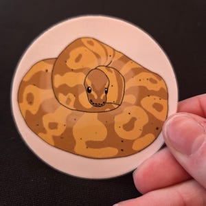 May include: A circular sticker featuring a cartoon illustration of a coiled ball python with a light brown and tan patterned body. The snake has dark eyes and small black spots on its scales, set against a pale pink background on a round white base.
