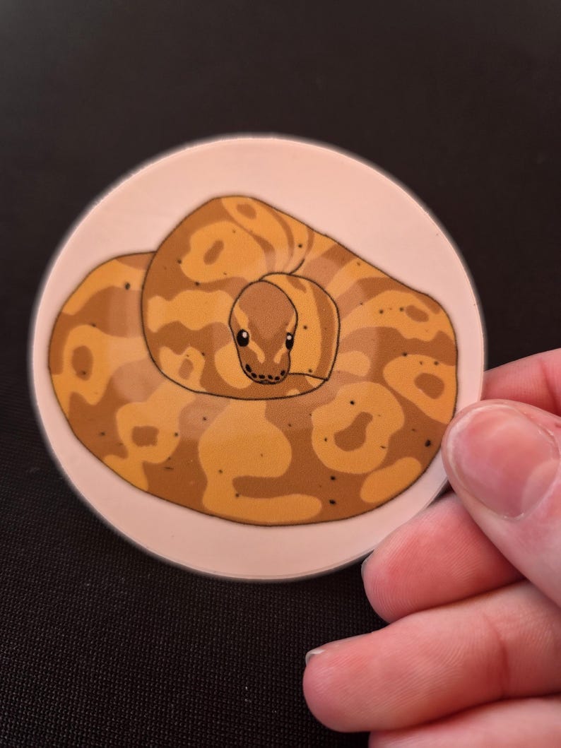 May include: A circular sticker featuring a cartoon illustration of a coiled ball python with a light brown and tan patterned body. The snake has dark eyes and small black spots on its scales, set against a pale pink background on a round white base.