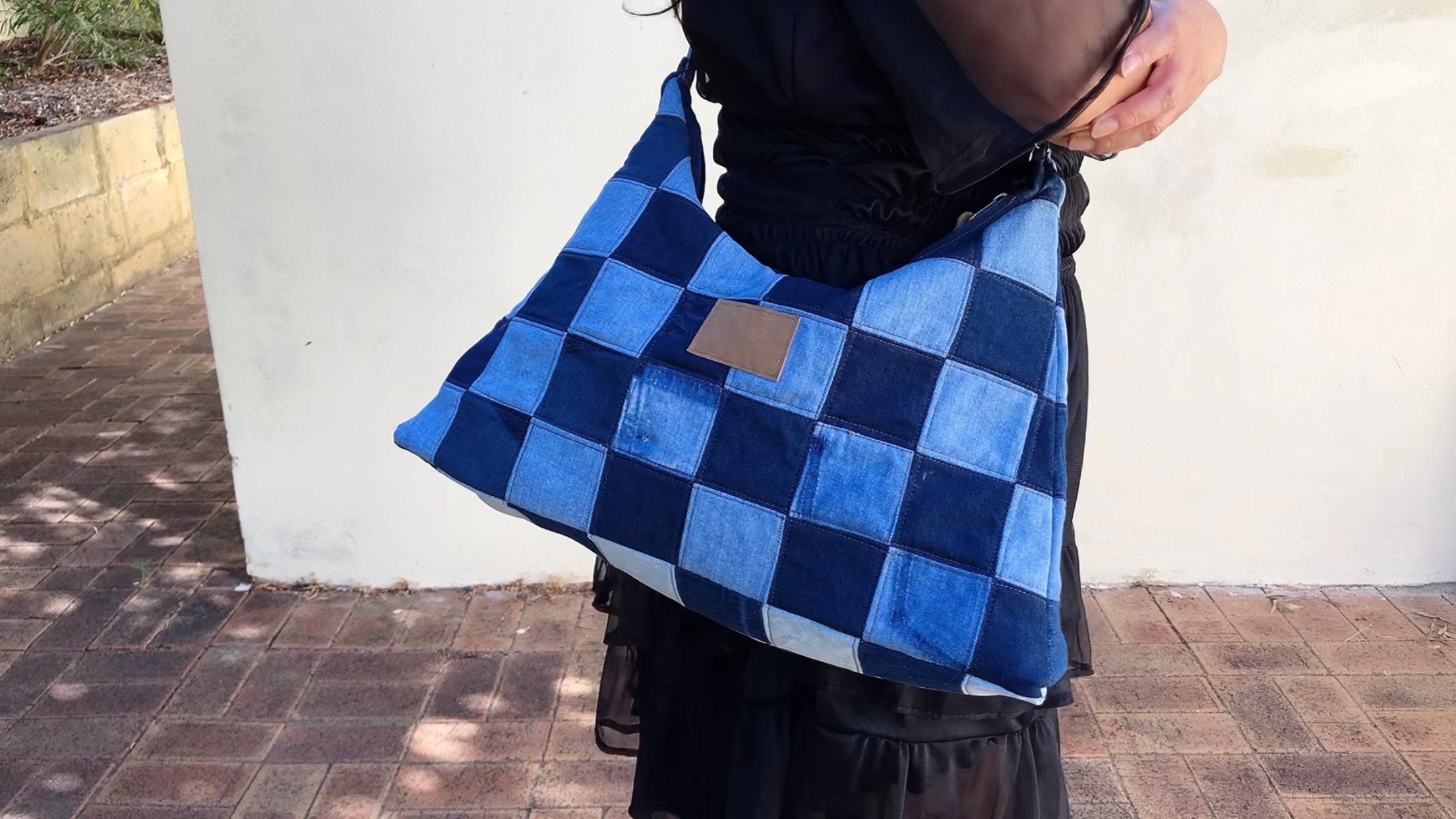 Quilted Washed Denim Shoulder Chain Crossbody Bag