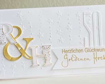 Festive congratulations card for a special wedding anniversary, personalized with initials, e.g. Golden Wedding, Diamond Wedding, etc. etc.