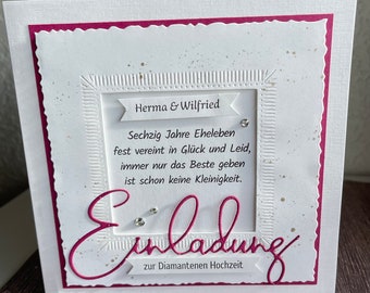 Tarjeta de invitación para un aniversario de boda especial, por ejemplo, boda de plata, oro, rubí, diamante, boda de hierro, etc.