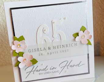 Eiserne Hochzeit, 65. Hochzeitstag, personalisierte Gratulationskarte, Hand in Hand