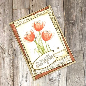 Tarjeta de cumpleaños, felicitaciones, primavera, tulipanes, vintage,