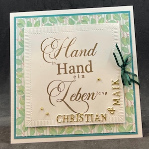 Matrimonio, biglietto di congratulazioni personalizzato, cerimonia di matrimonio, mano nella mano in verde