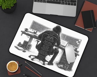 Girl Programmer at Desk | Coding gifts | Coding Workspace Mousepad, Monochrome Tech Art