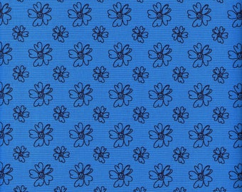 Stoffstück, Größe 55cm x 150cm - Jerseystoff - "Blüten" - schwarze Blüten auf blauem Untergrund