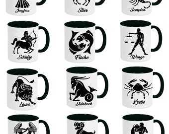 personalisierte Sternzeichen Tasse in schwarz/weiß mit Wunsch-Name