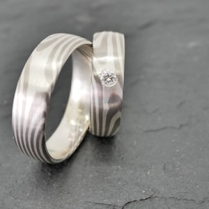Mokume Gane, Silber Palladium, Trauringe, Paarpreis, Unikate, individuell angefertigt, Handschrift mit Lasergravur