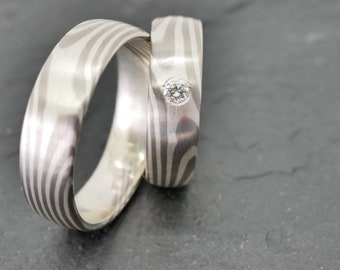 Mokume Gane, silver palladium, wedding rings, price per pair, unique, individually made, handwriting with laser engraving